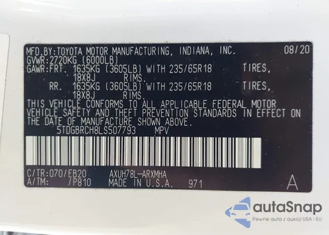 2020 Toyota Highlander Hybrid Xle z USA, uszkodzony, nr VIN 5TDGBRCH8LS507793